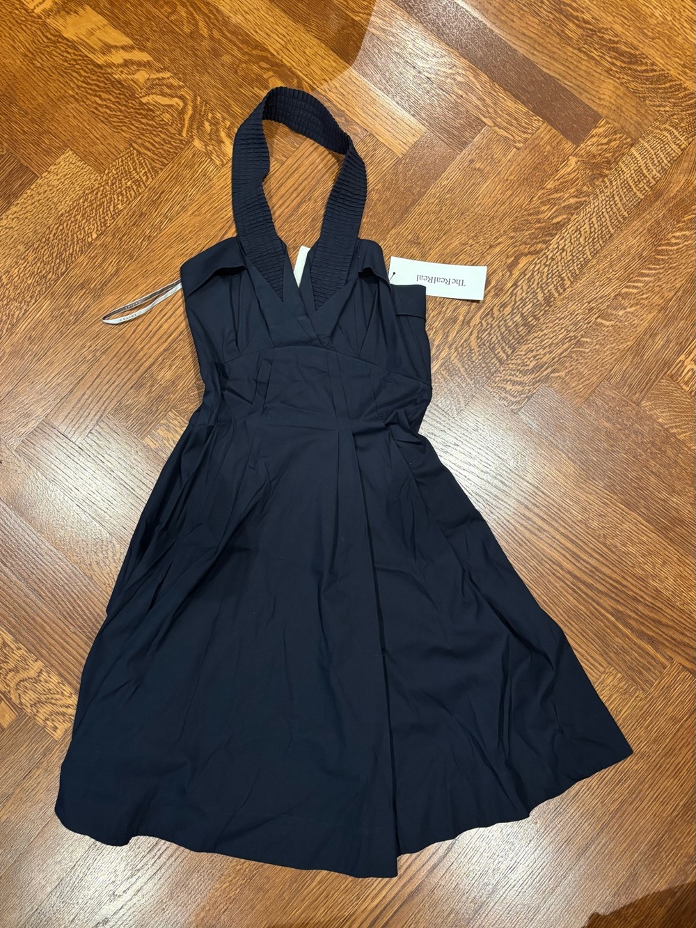 CELINE Sleeveless Navy Halter Dress with Textured Strap